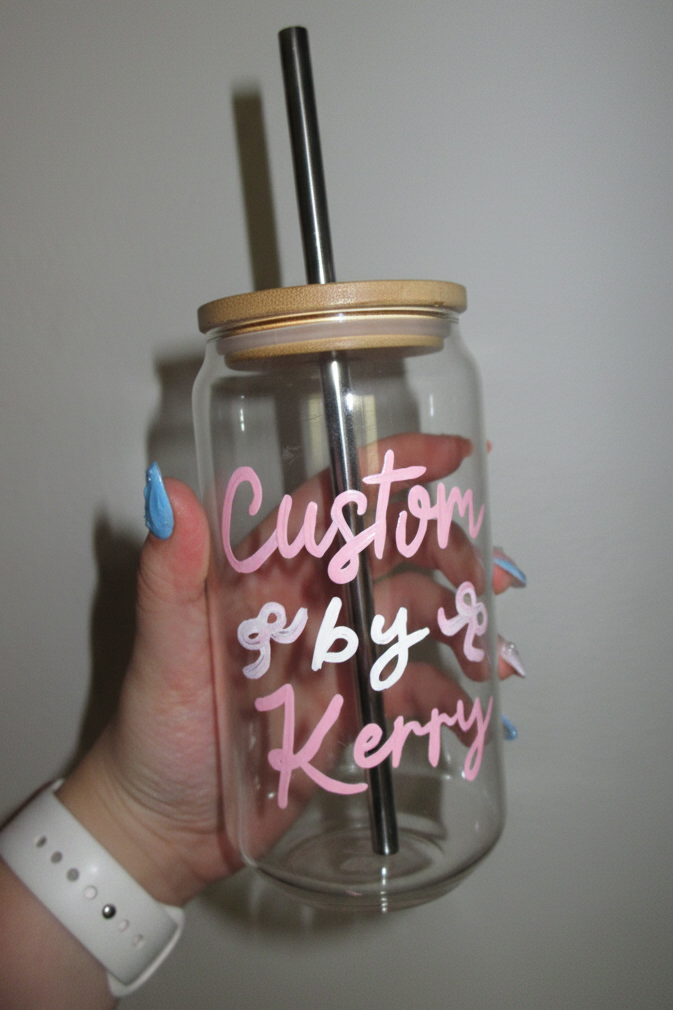 Custom painted glass can cup by Kerry - angled view