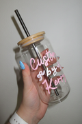 Custom painted glass can cup with bamboo lid and metal straw by Kerry