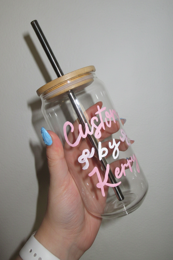 Custom painted glass can cup with bamboo lid and metal straw by Kerry