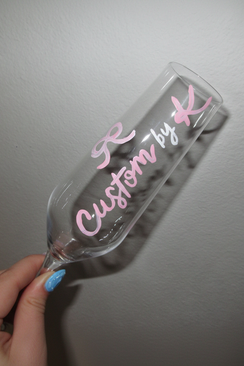 Custom painted champagne flute by Kerry - angled view