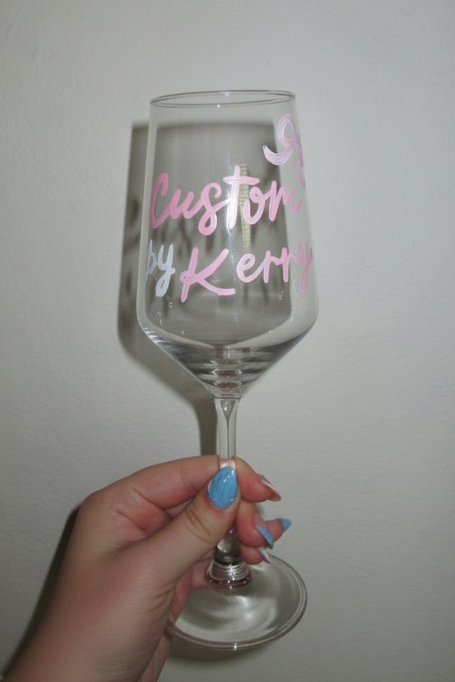 Custom painted stemmed wine glass by Kerry